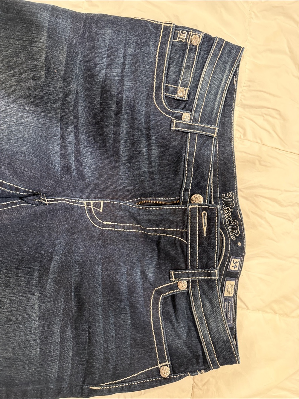Miss Me Indigo High-Rise Bootcut Jeans with Contrast Stitching
